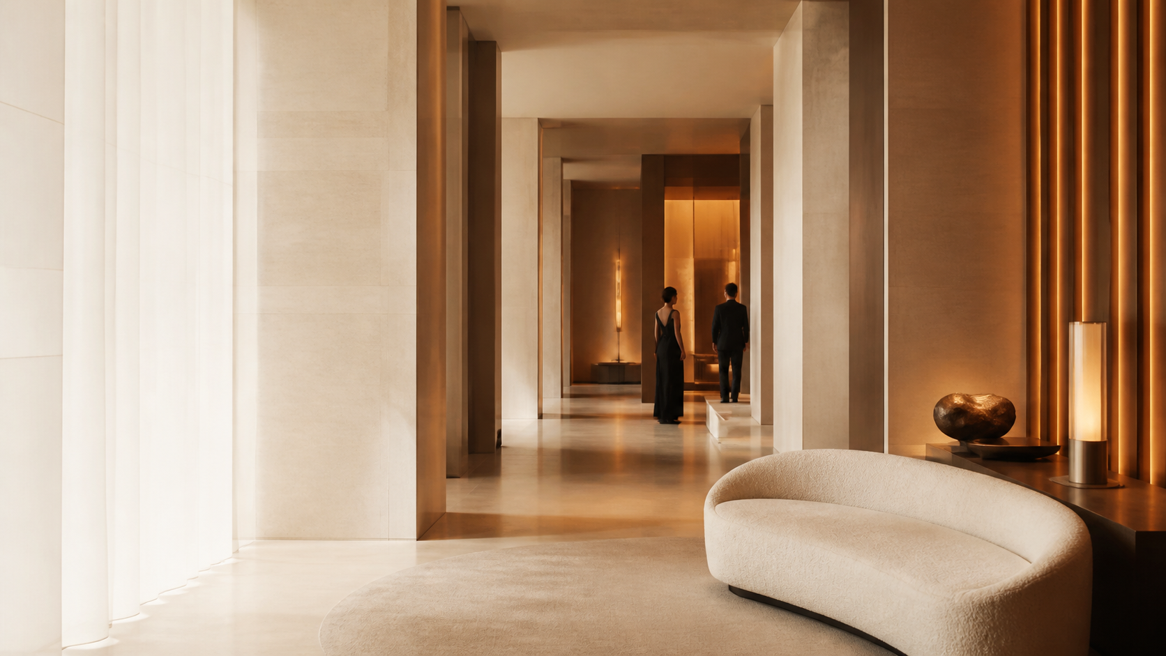 A luminous mineral-stone passage leading into a warm contemporary resort interior